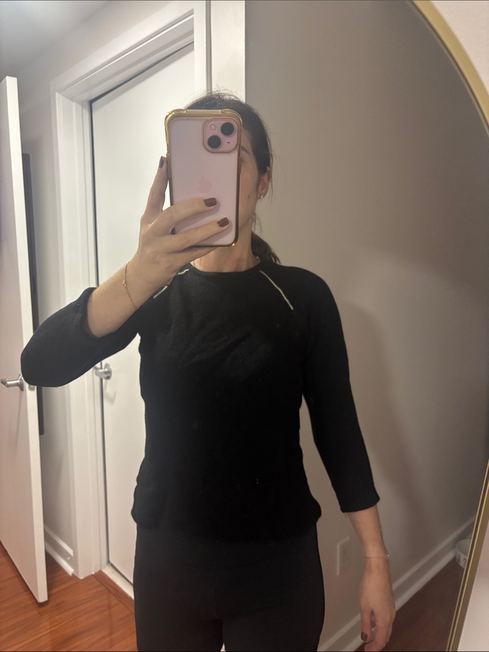 Armani Exchange 100% Merino Wool Black 3/4 Sleeve Crewneck Top